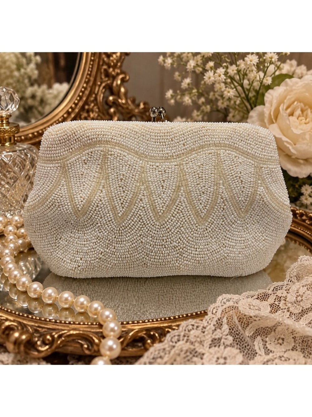 Vintage White Beaded Evening Bag Bridal Wedding Clutch Kiss Lock Purse